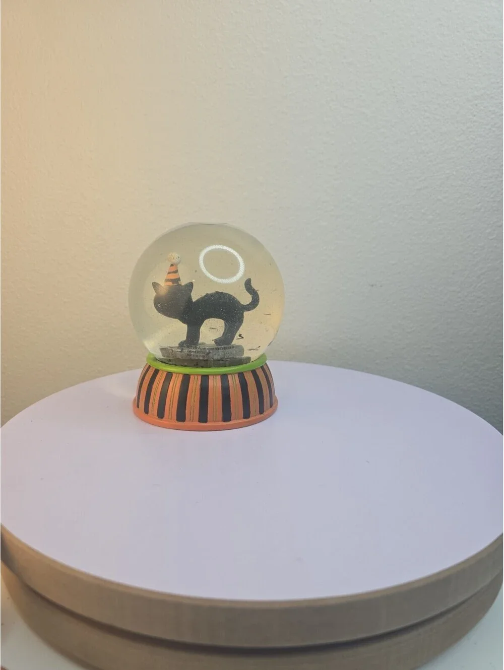Vintage Halloween Black Cat Snow Globe Water Globe Party Hat Striped Spider Base